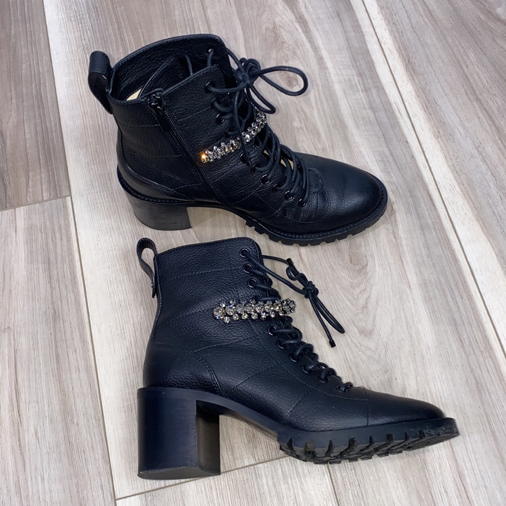 Jimmy Choo Cruz lace up embellished block heel booties size 38 (7.5) Combat